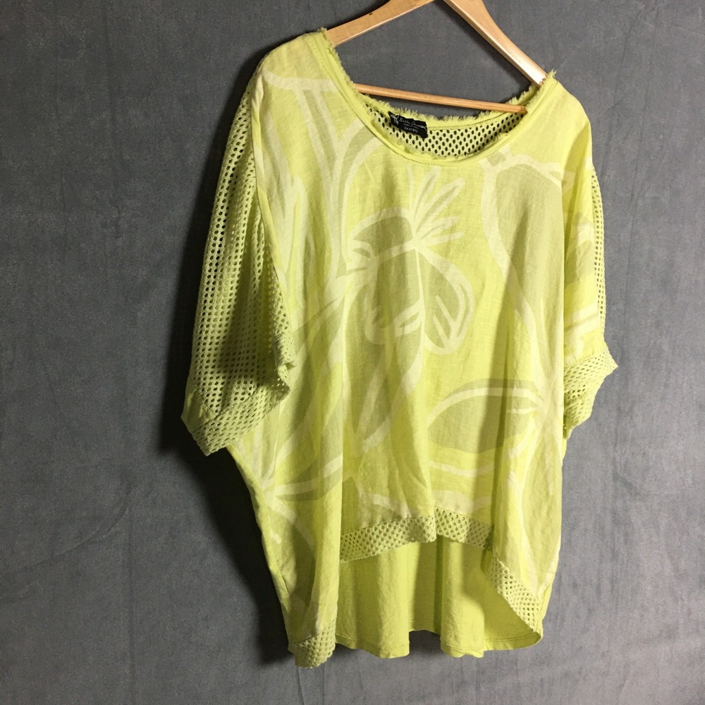 Bella Amore Italy Yellow Green Abstract Top One Size Mesh Oversized Blouse Boxy - Picture 14 of 16